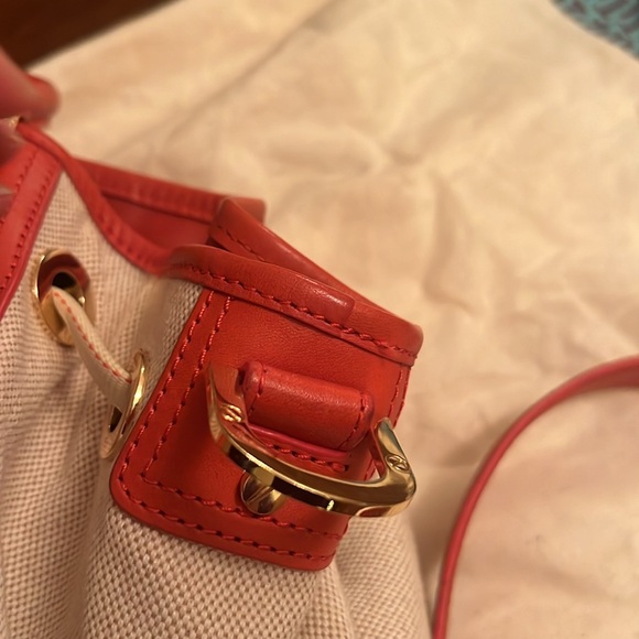 Tory Burch Leather Canvas Bucket HandBag Drawstring Tote Orange Beige Gold - Picture 12 of 13